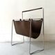 Modernist magazine rack in brown leather & chrome wire metal – 1970 design