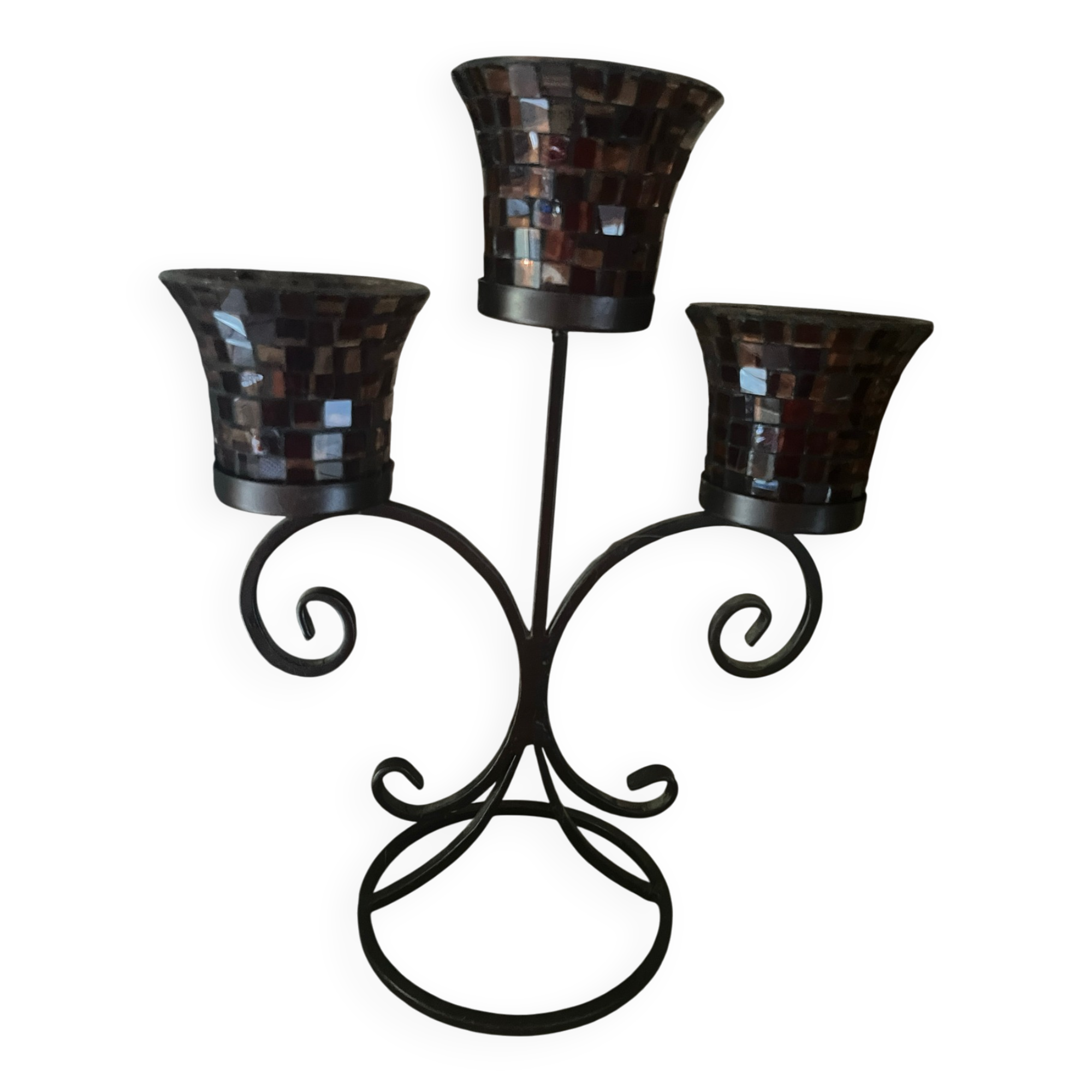 Three-branch candlestick in wrought iron and glass mosaic.