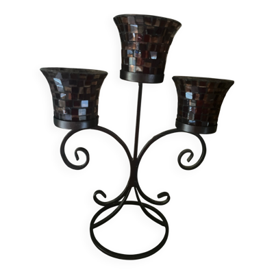 Bougeoir trois branches en fer forgé et mosaïque de verre