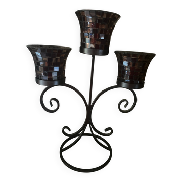 Three-branch candlestick in wrought iron and glass mosaic.