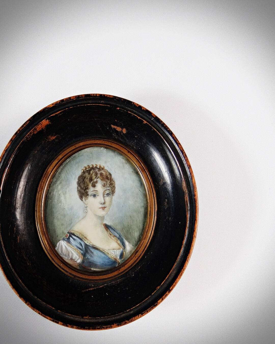 Tondo miniature portrait of a woman Empire style hand-painted gouache