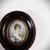Tondo miniature portrait of a woman Empire style hand-painted gouache