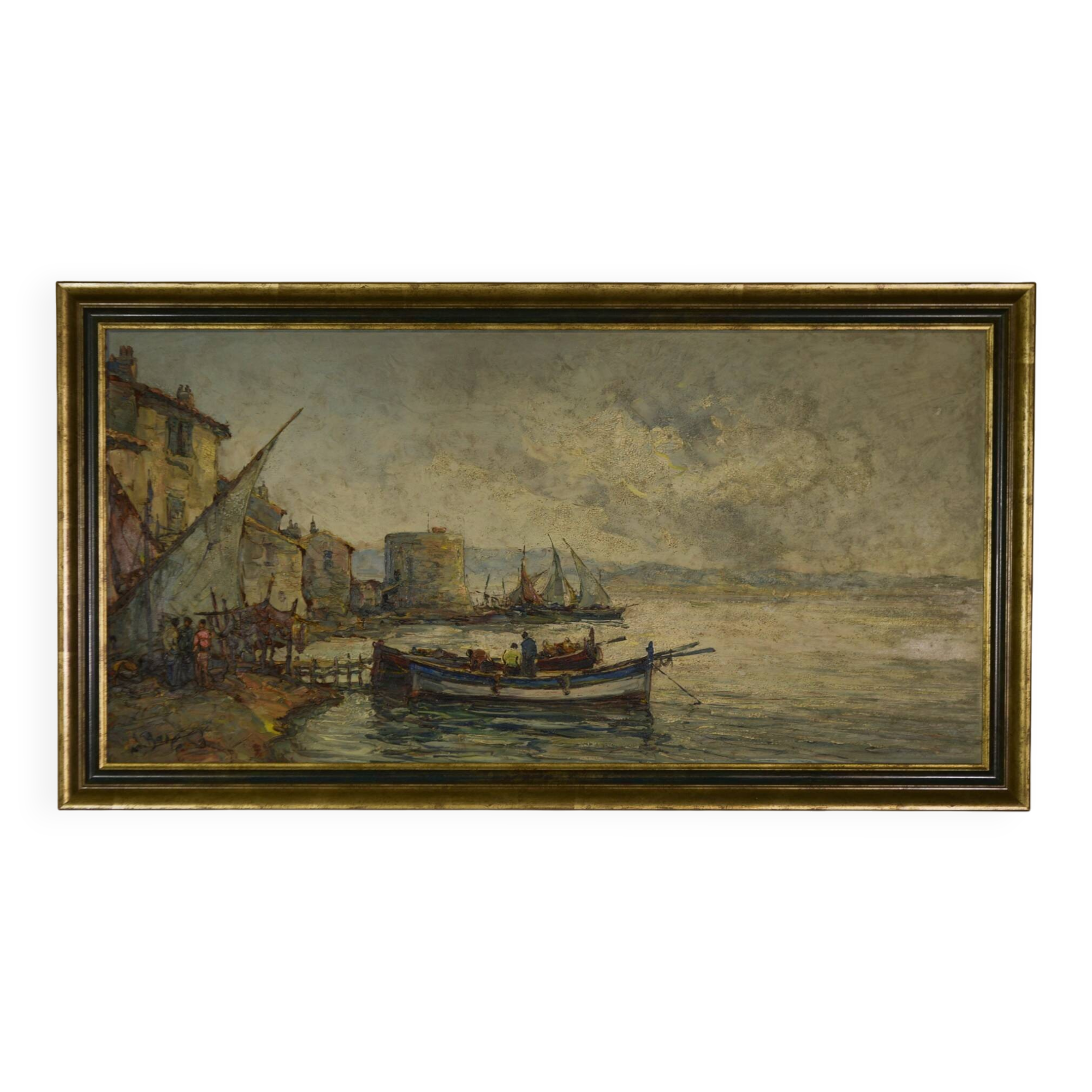 Tableau peinture sur bois impressionniste "Port de pêche" de Maurice Barle, 1940