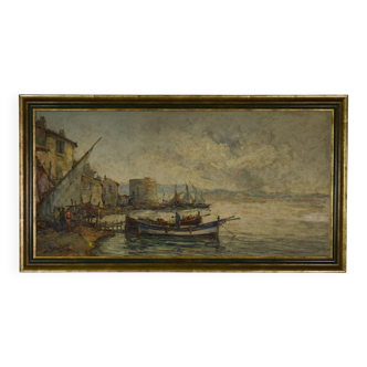 Impressionist painting on wood of a fishing port by Maurice Barle, 20th century, 1940.