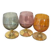 3 verres a liqueur verre fumé coloré pied doré vintage