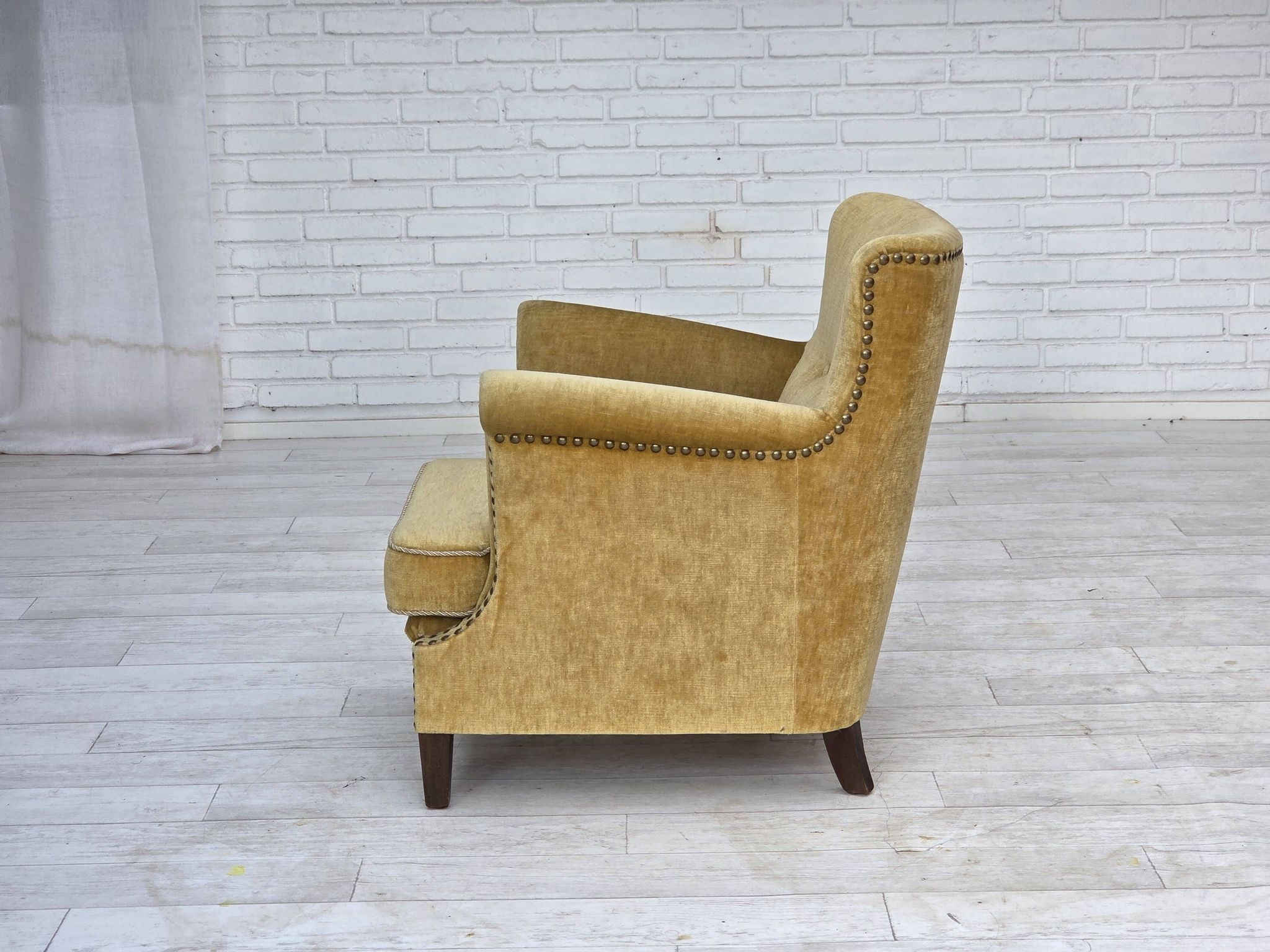 1960s, Danish armchair, honey-yellow furniture velour, original condition.