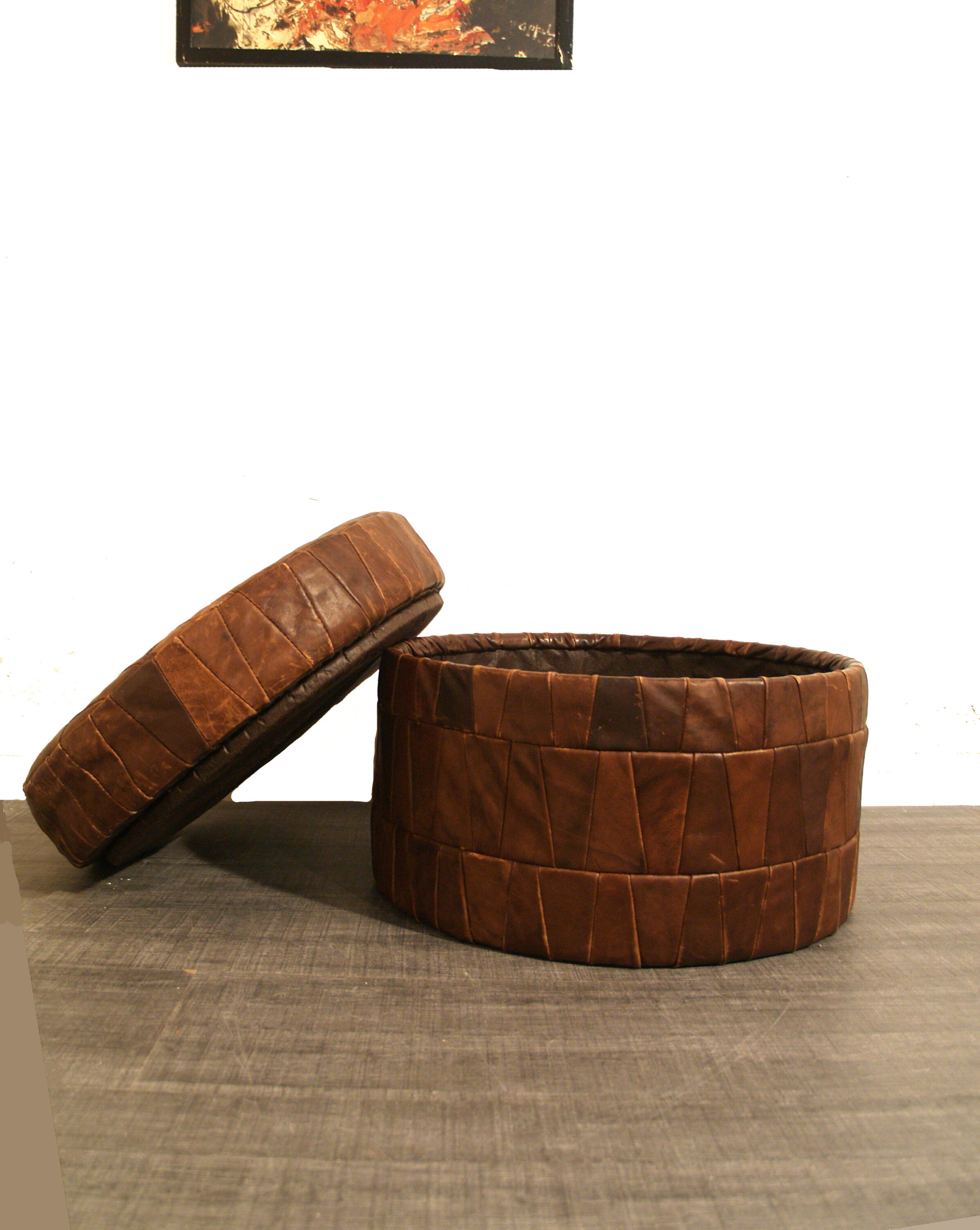 Patchwork leather storage pouf, 1970s