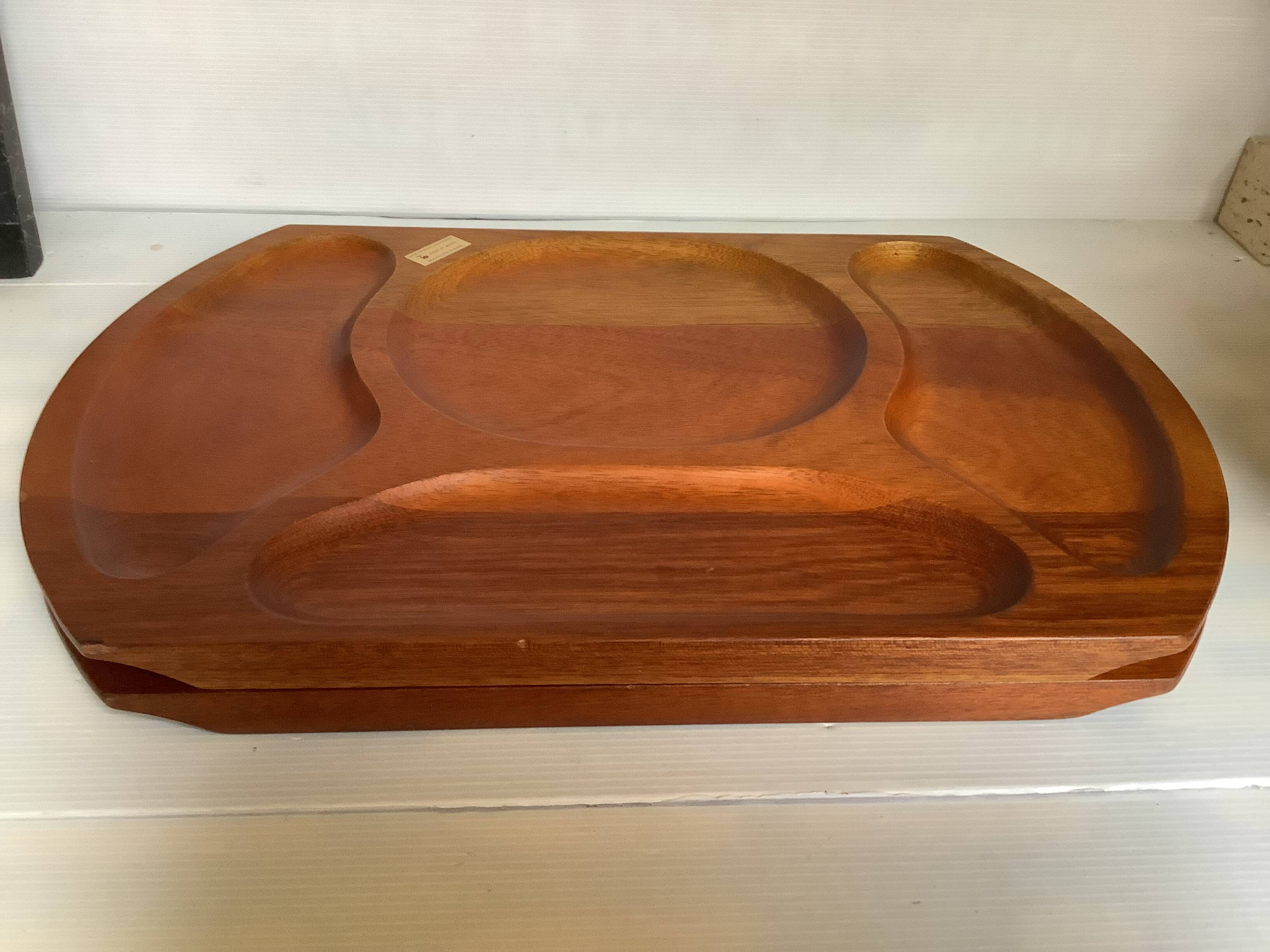 Pair of wooden snack meal trays with compartments.