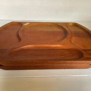 Pair of wooden snack meal trays with compartments.