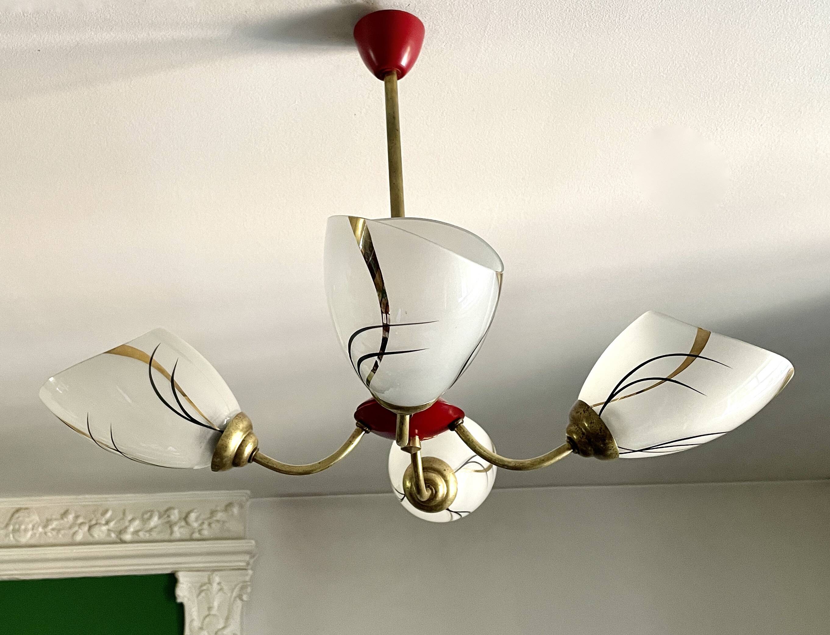 1960s red and gold 4-light chandelier