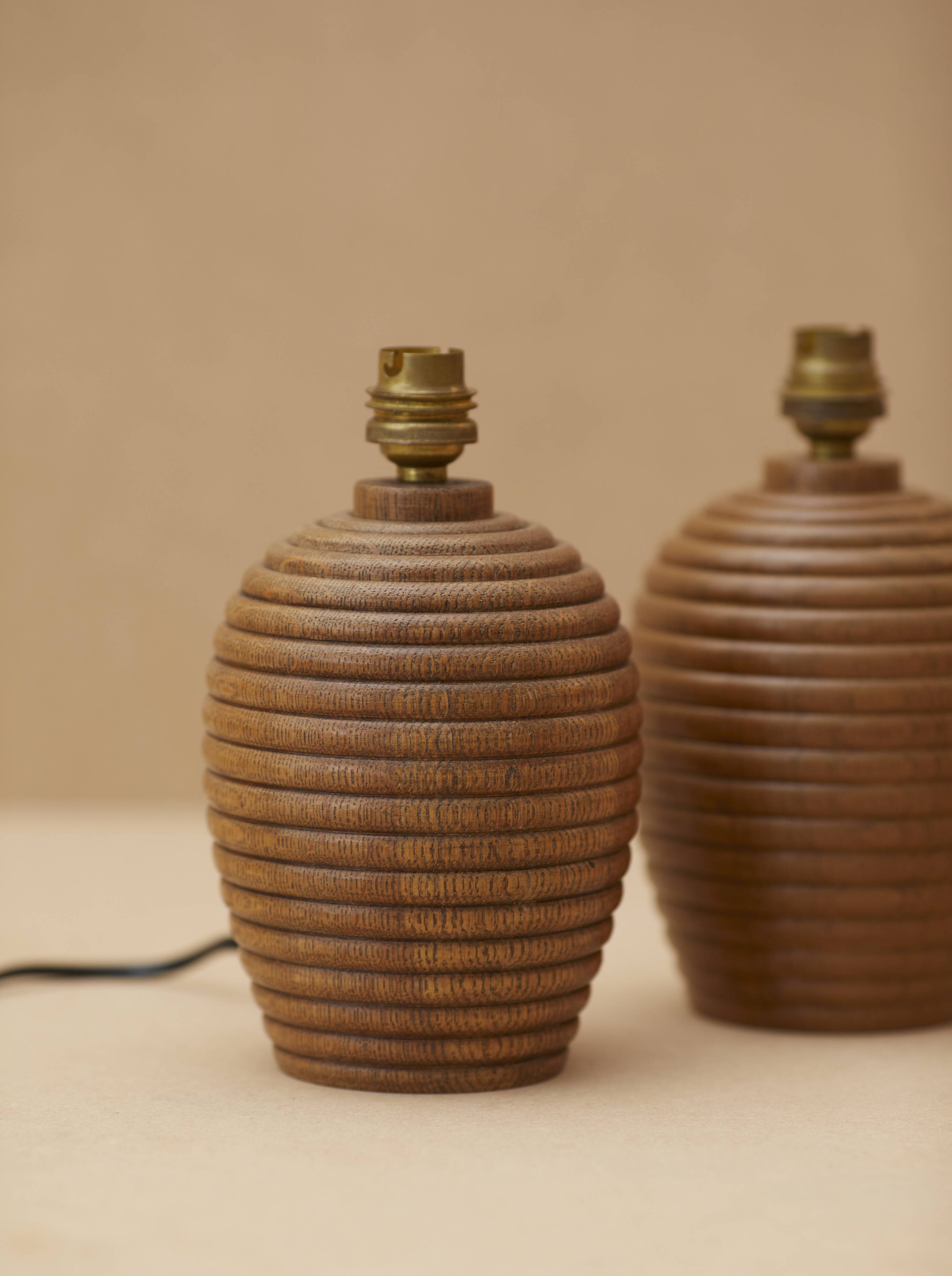 Pair of solid wood lamp bases (oak) turned vintage circa 1960