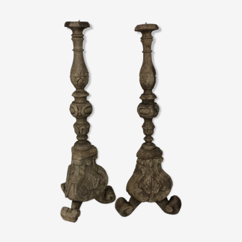 Pair of very large vintage patinated wooden candelabra