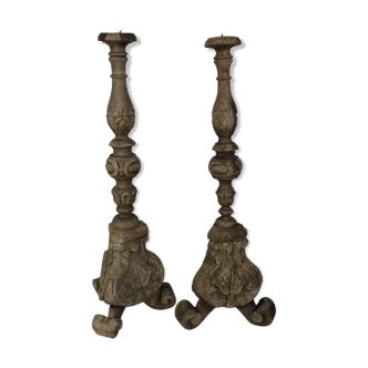 Pair of very large vintage patinated wooden candelabra