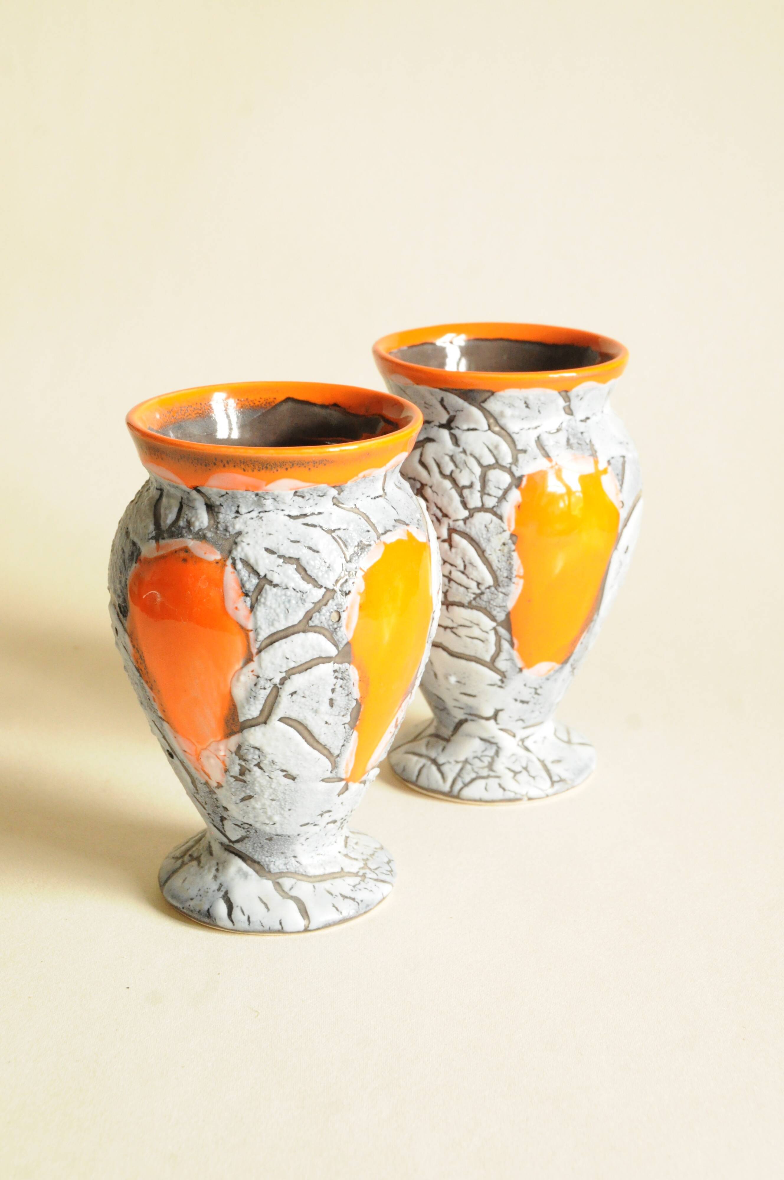Pair of Ceramic Vases Grey, White, Orange Vallauris – Mid-Century Style
