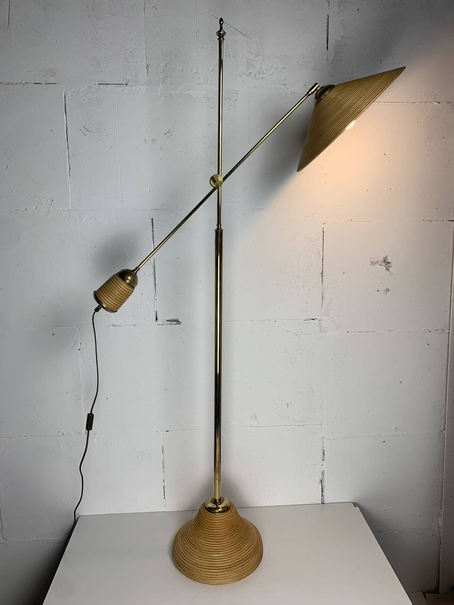 Italian Adjustable Floor Lamp in Pencil Reed, Bamboo, Rattan and Brass, 1970s