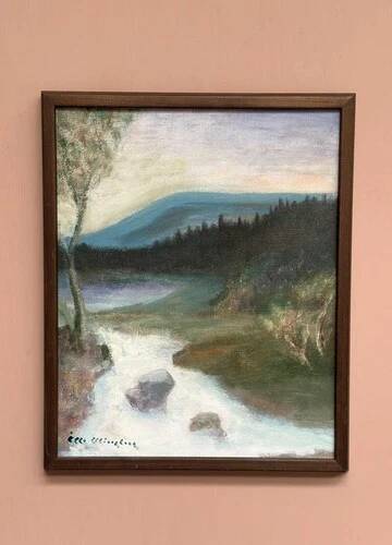 Mid-Century Oil on Canvas “River” by Unknown Artist, Vintage & Framed 36×45cm