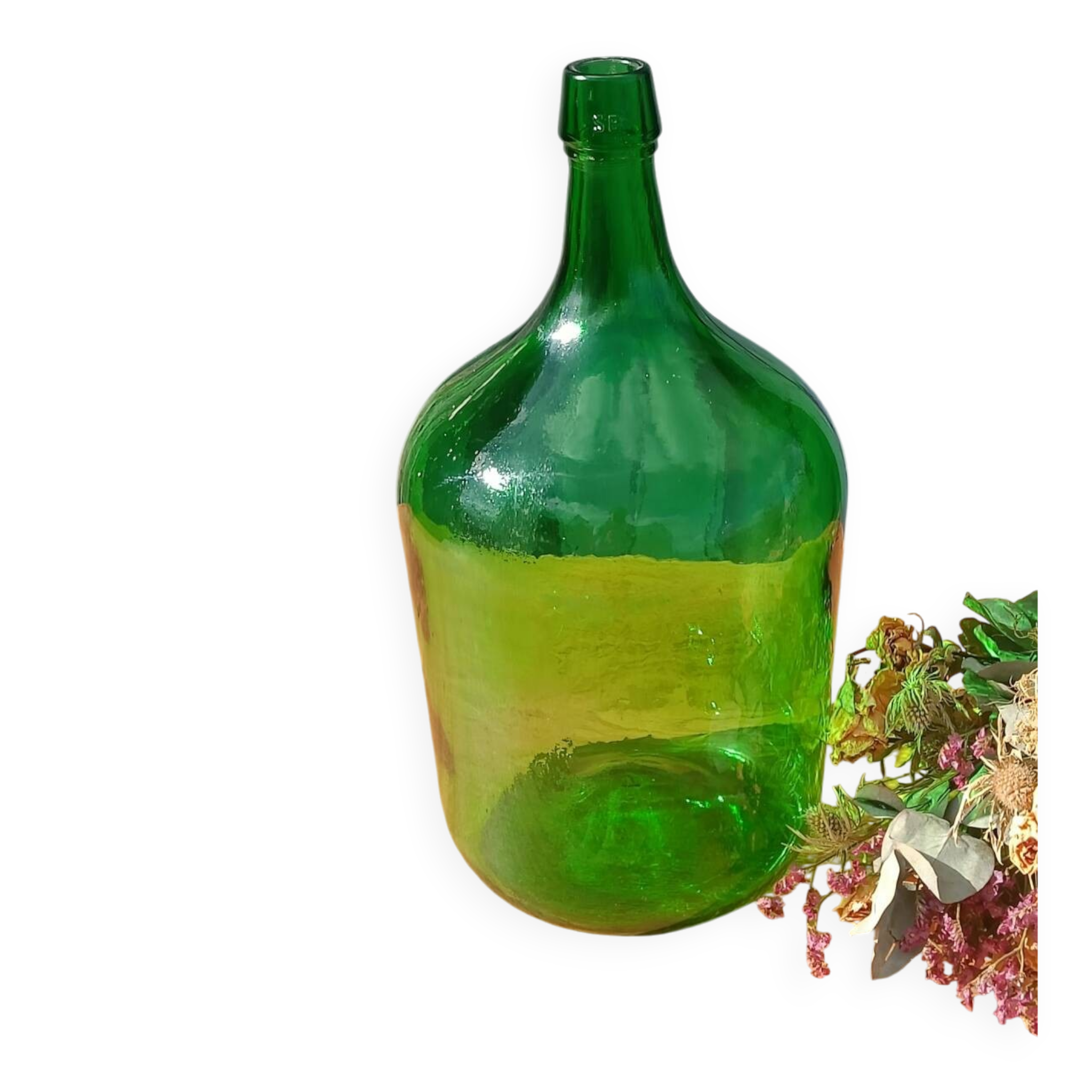 Superb antique green glass demijohn.