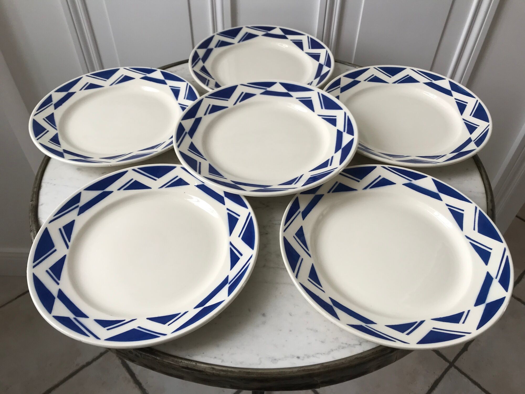 Set of 6 flat plates Badonviller model Courtilles royal blue art deco 30s