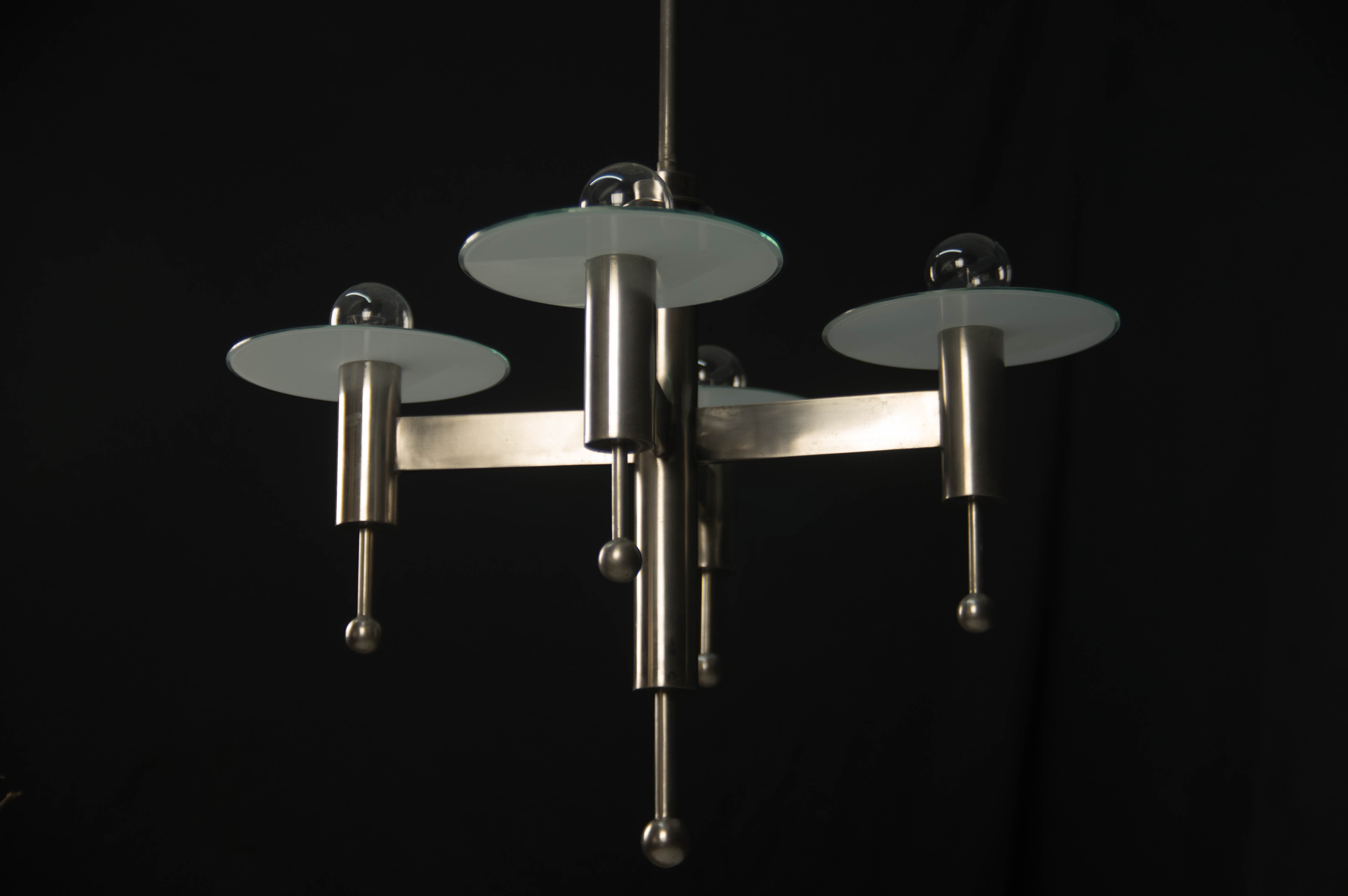 Art Deco or Bauhaus Nickel-plated 4-flamming chandelier, 1920s