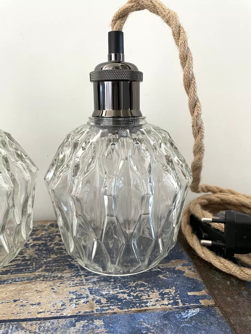 Set of three vintage electric chiseled glass walking lamps