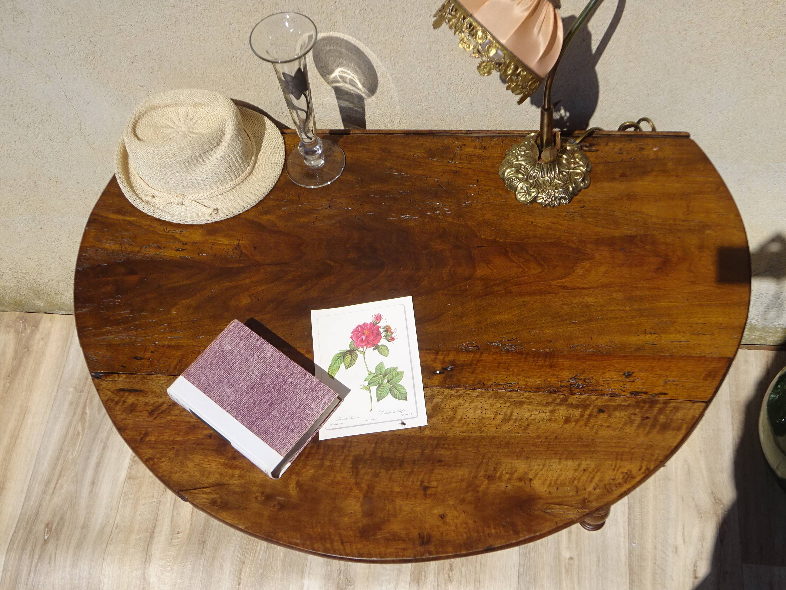 Antique walnut console table with honey spoon legs.