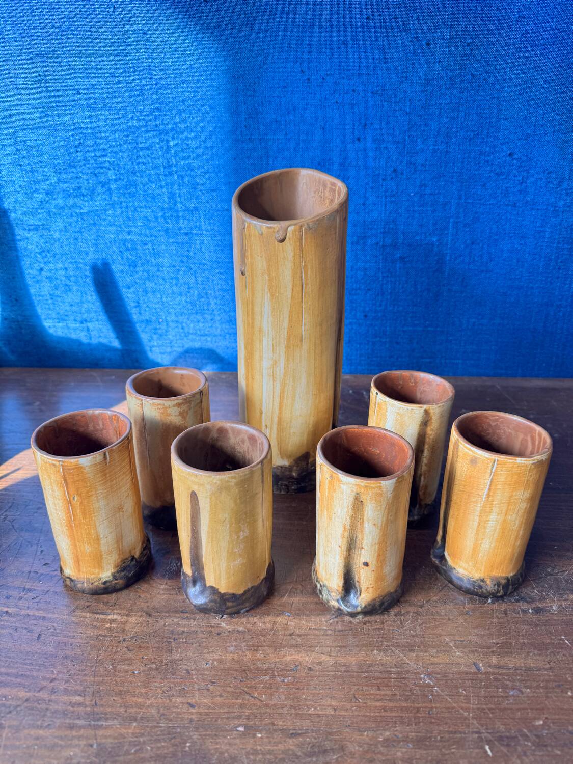 Vintage 1970s ceramic pitcher and glass set for orangeade, faux bamboo.