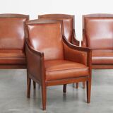 Majestic, luxurious set of 4 cognac-colored cowhide leather Art Deco design armchairs