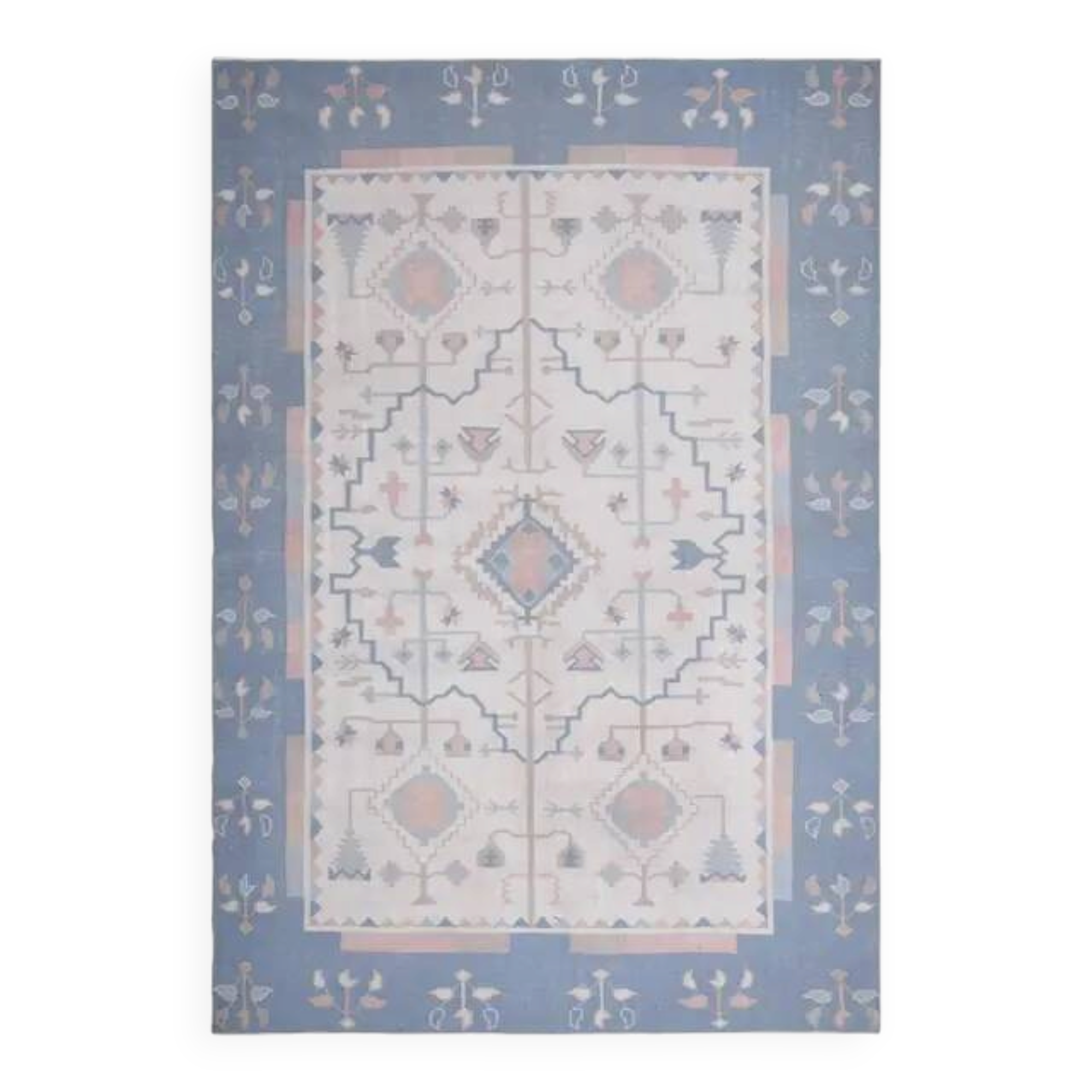 1970s Turkish Oushak Handmade Wool Cotton Blue Beige Area Rug 230x325