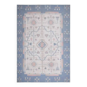 Tapis de zone turc Oushak fait main en laine et coton bleu beige des années 1970 230x325