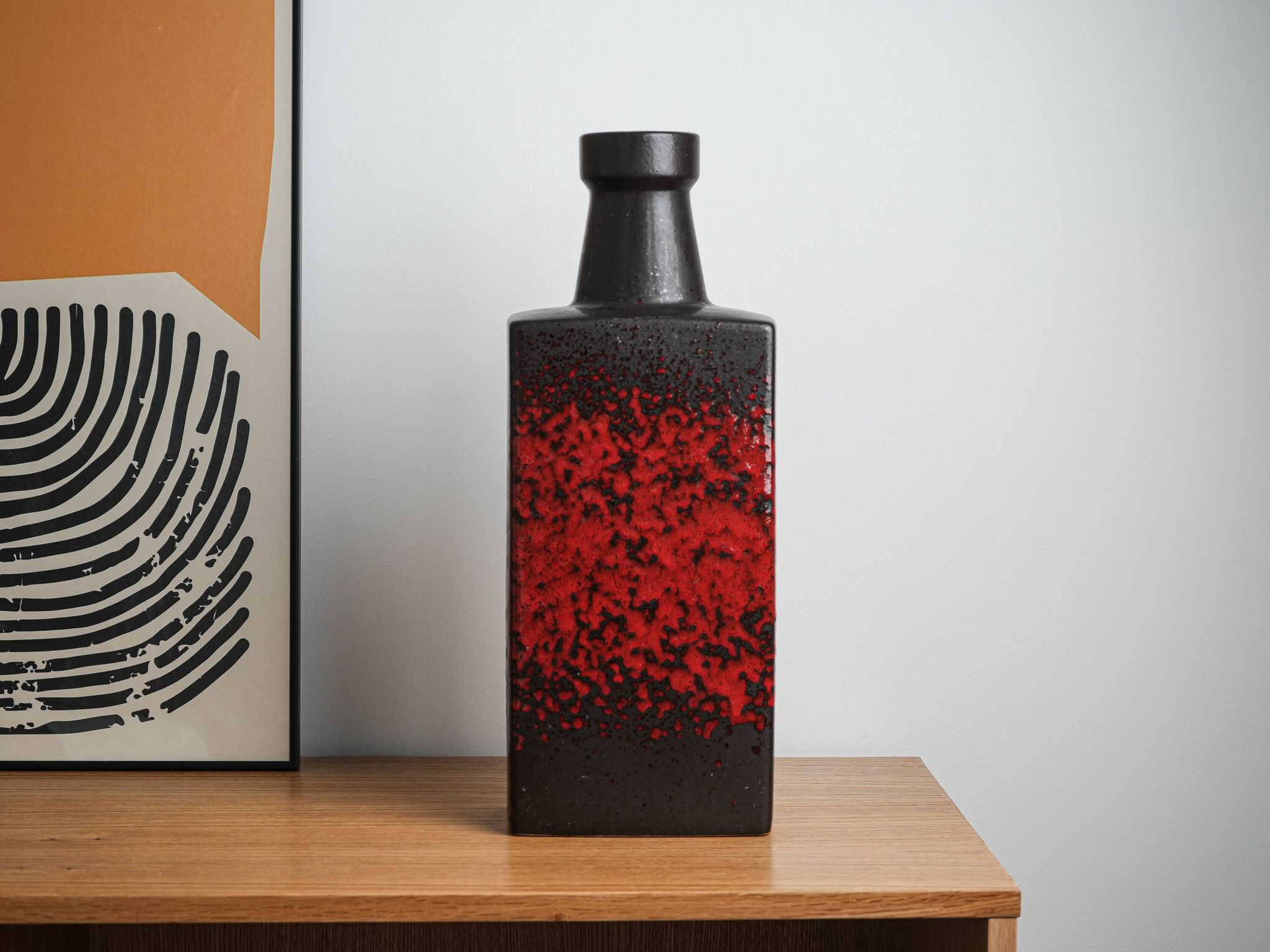 West Germany ceramic vase in black and red, glazed pottery from the 1970s
