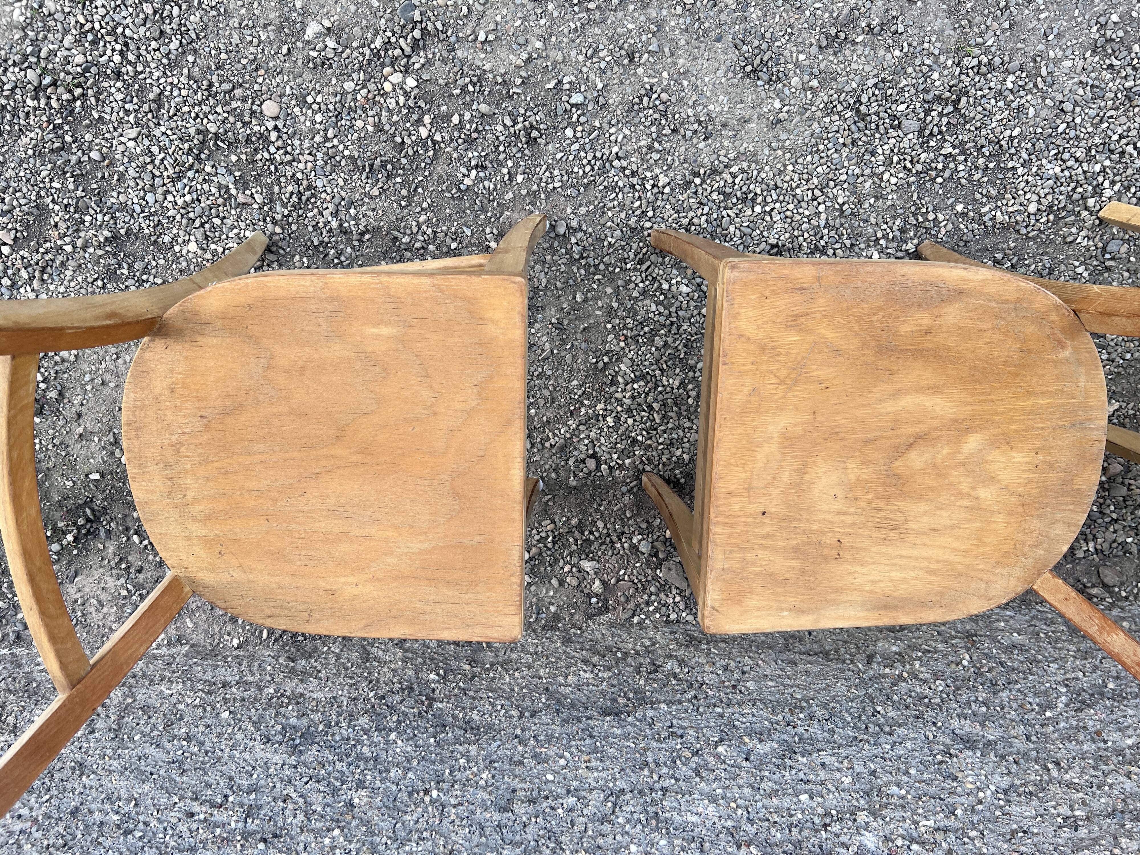 Series of 4 chairs in vintage light wood beech