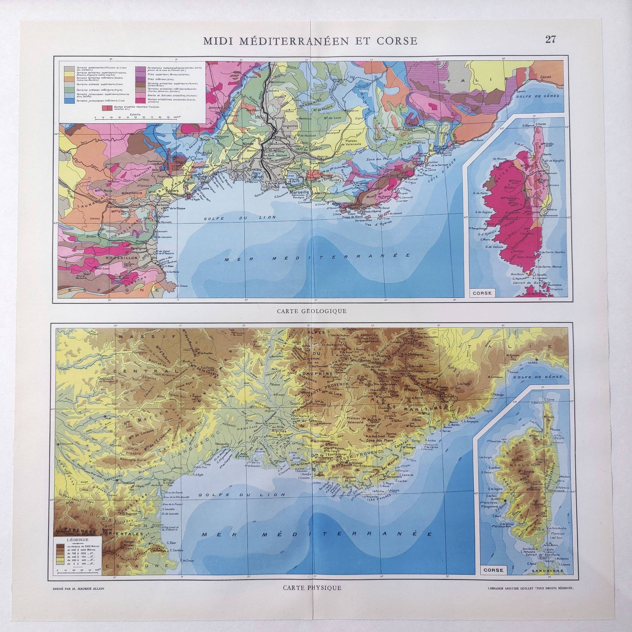 Vintage map of Corsica and southern Mediterranean France, 43x43cm from 1950.
