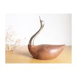 Statuette cygne en teck et laiton