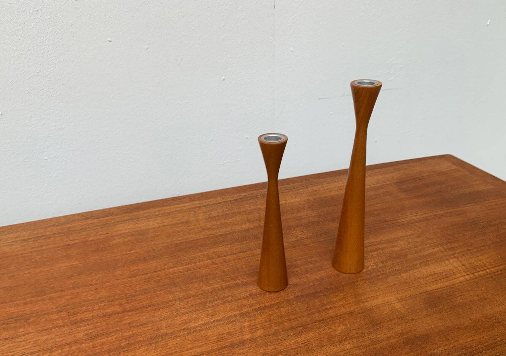 Vintage Danish teak candle holders, set of 2.