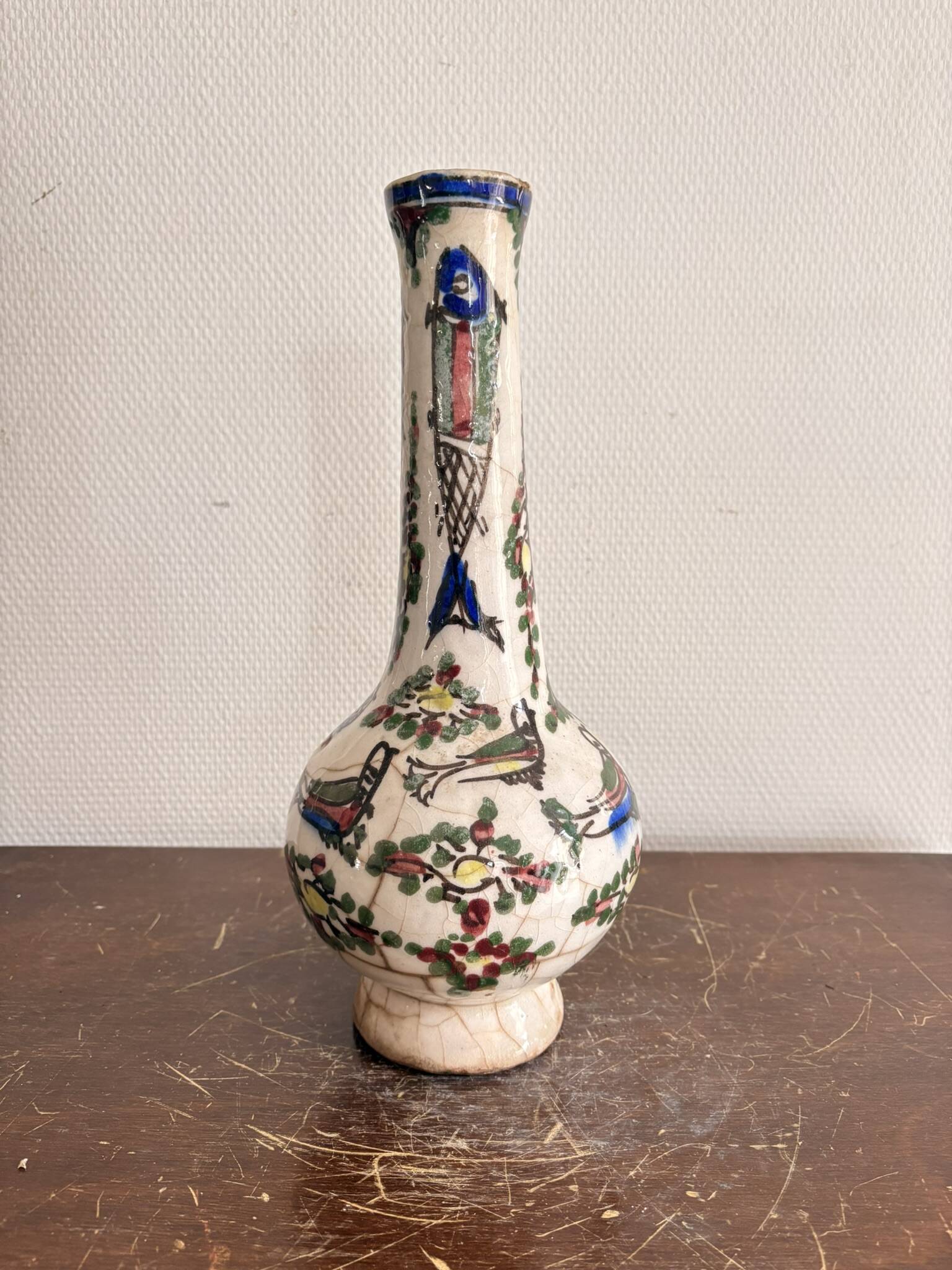 Ancient Persian Vase Iran Persia Qajar Bird Fish 19th Century