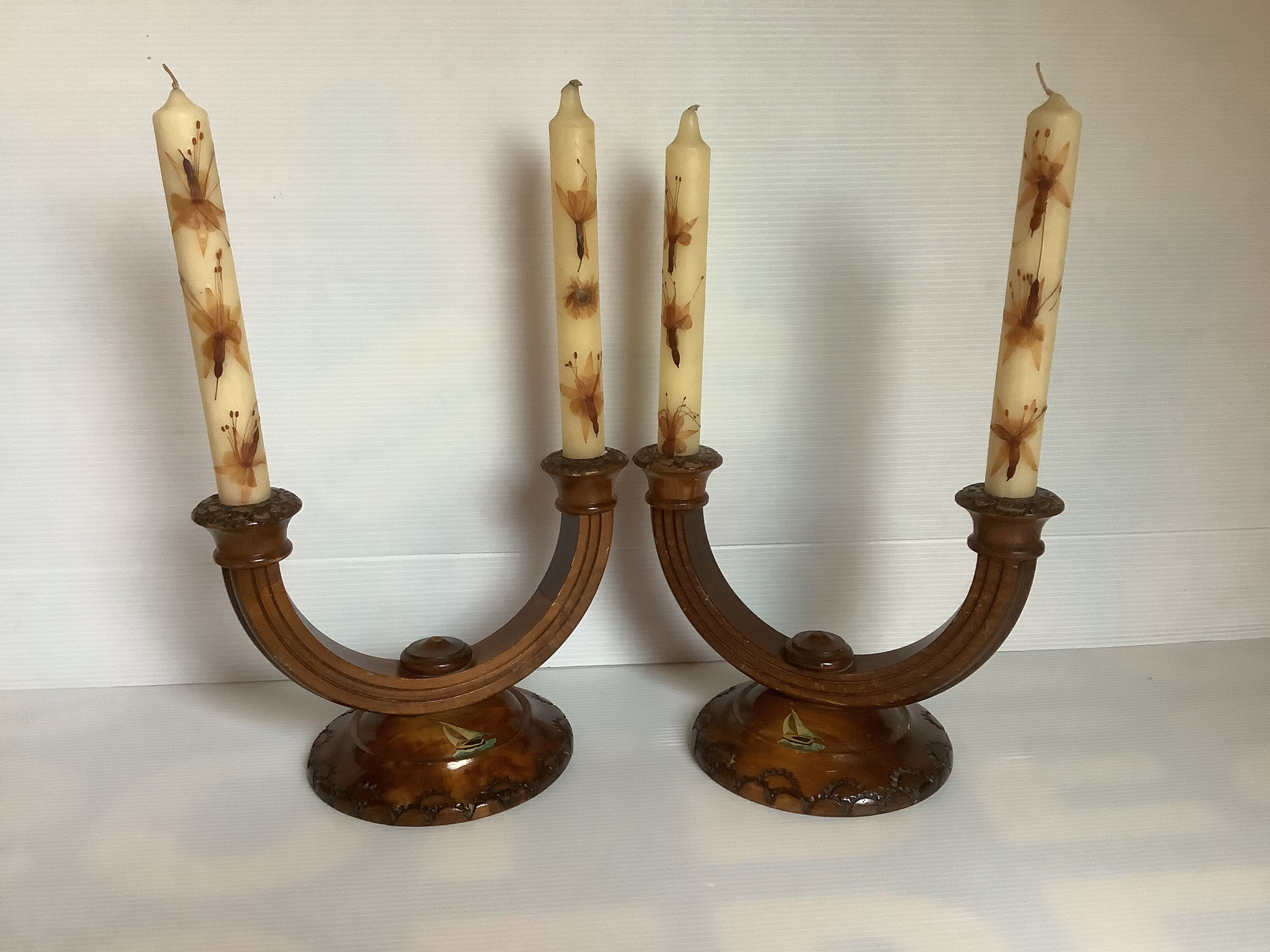 Old pair of brutalist wooden candlesticks dried flower candles