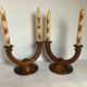Old pair of brutalist wooden candlesticks dried flower candles