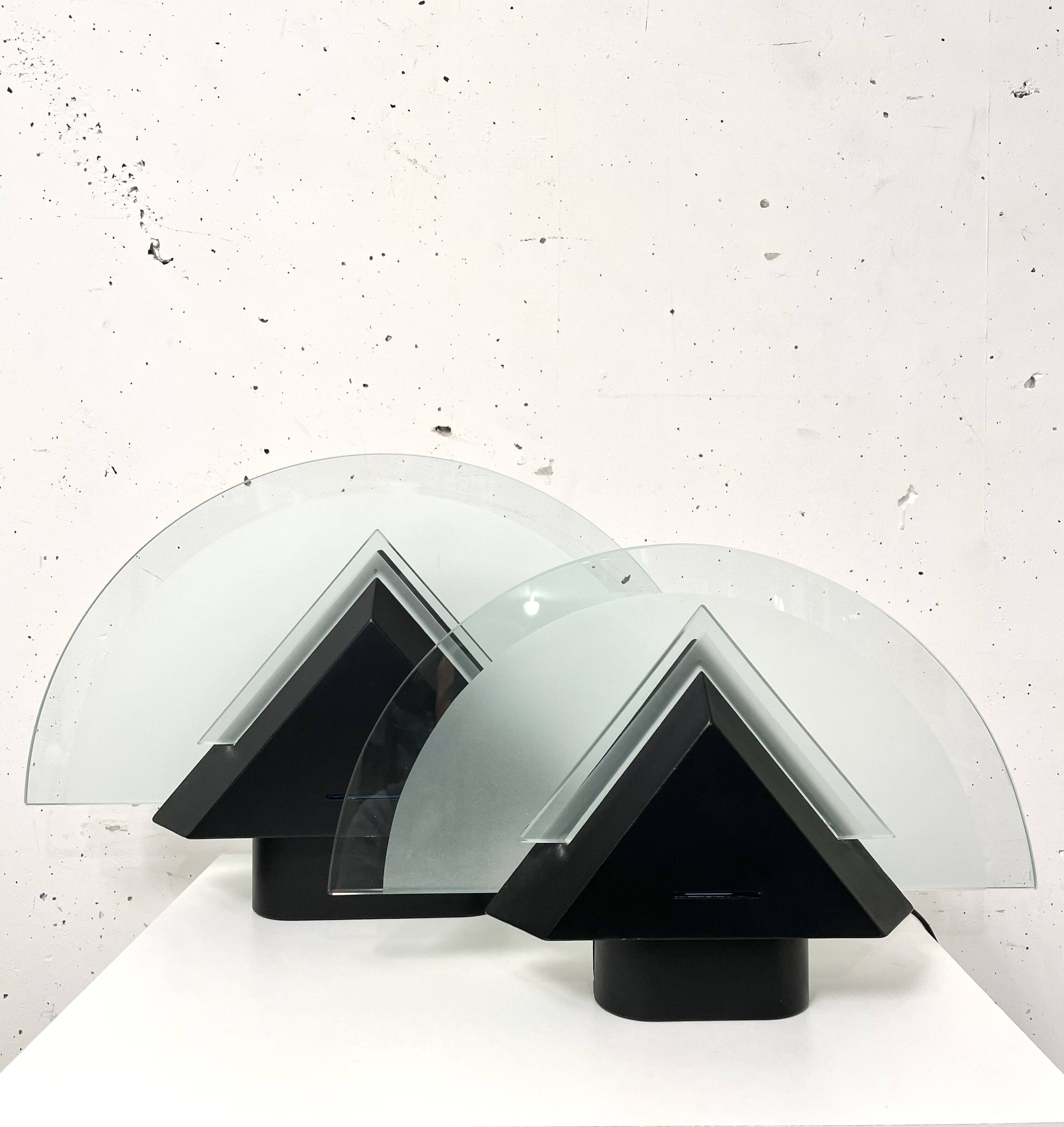 Postmodern geometric glass and metal lamp, small model, 1980