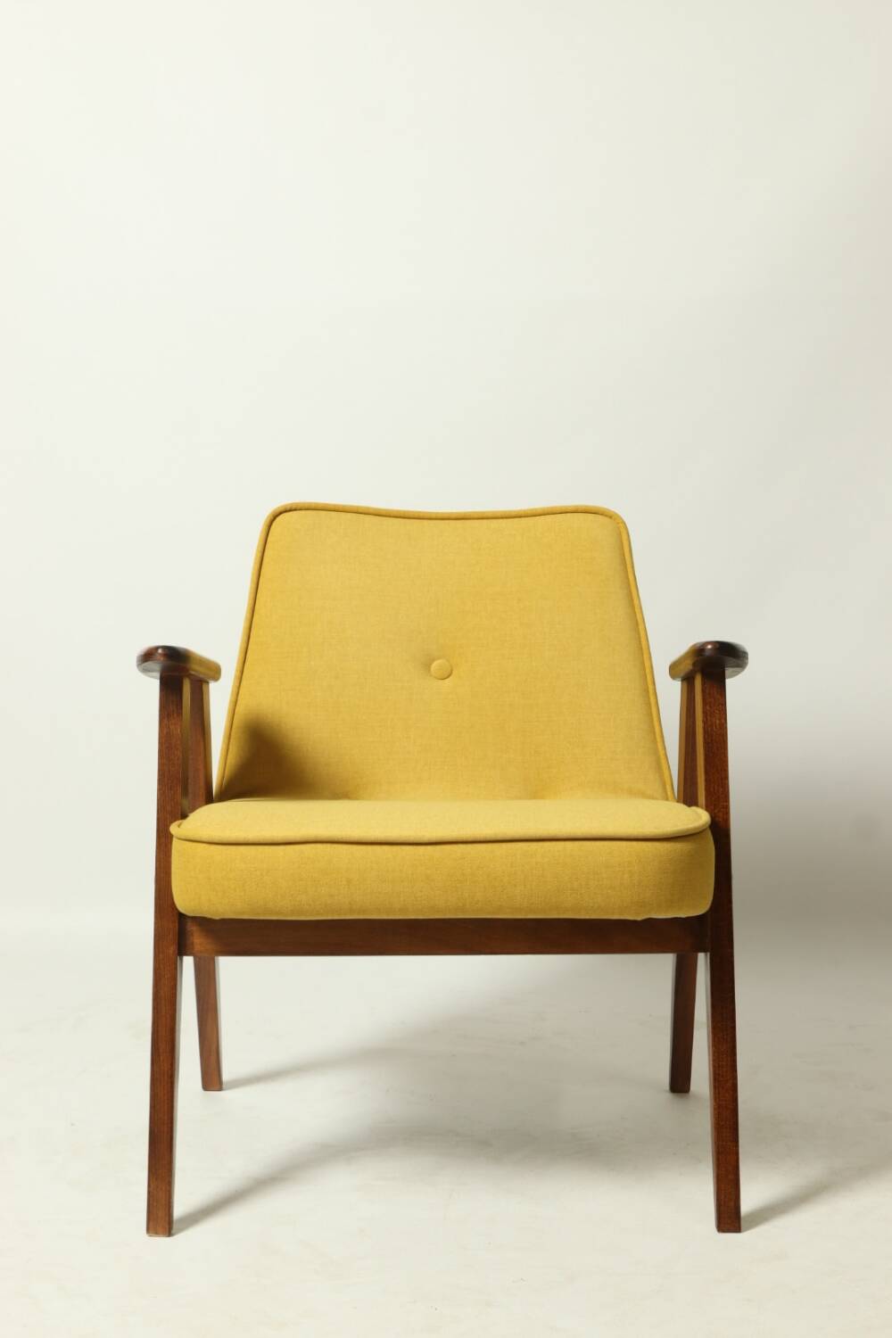 Vintage armchair plush yellow velvet soft dark wood 1962 design by Chierowski