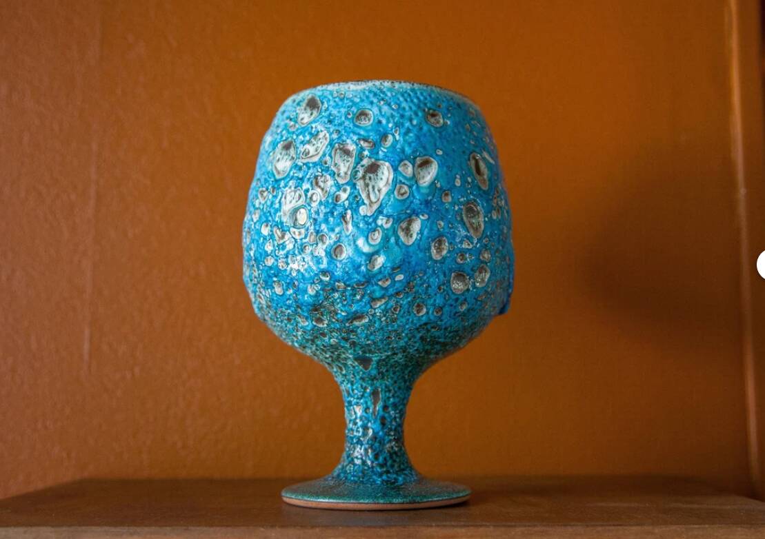 Fat Lava turquoise ceramic cup, blue crater ceramic vase, turquoise emaux, chalice, Cyclops