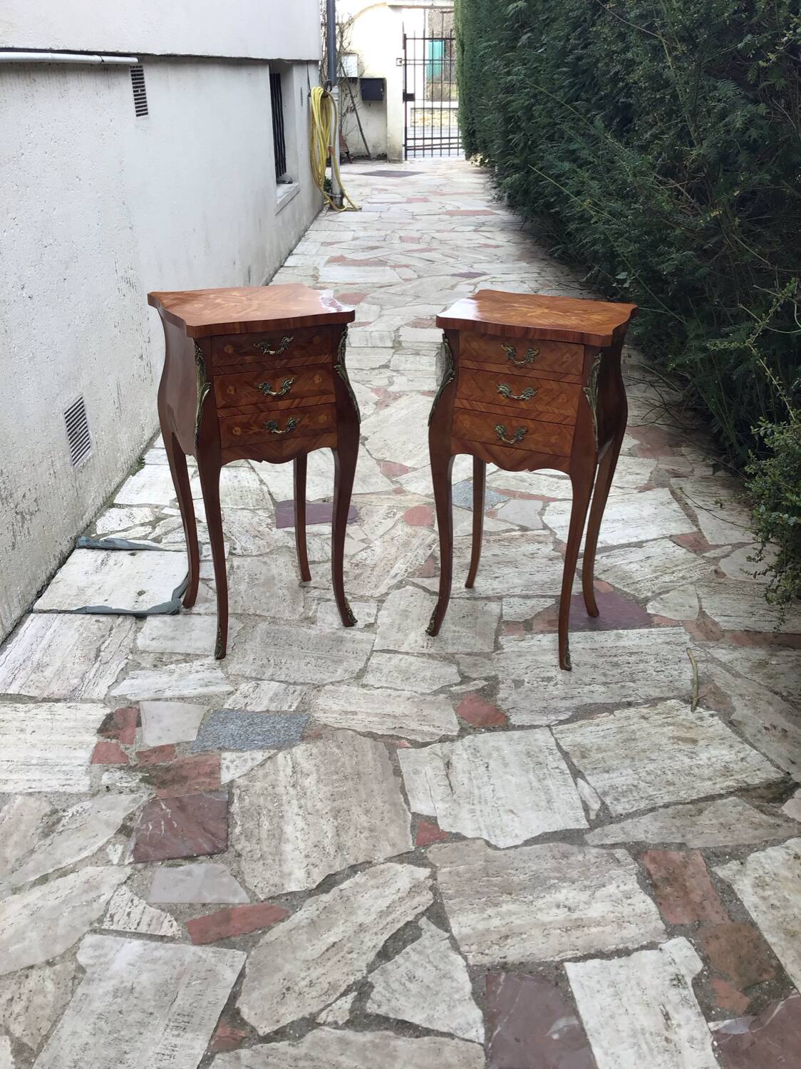 Pair of Louis XV style marquetry bedside tables