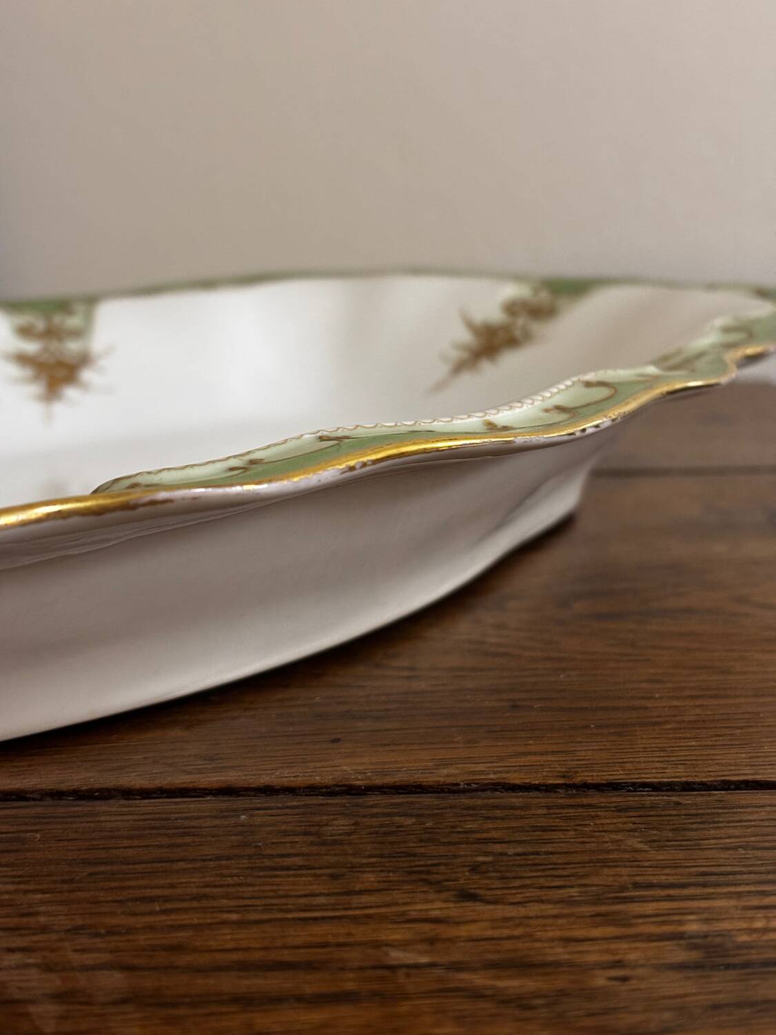 Vintage large rectangular green serving platter with Limoges gilt trim