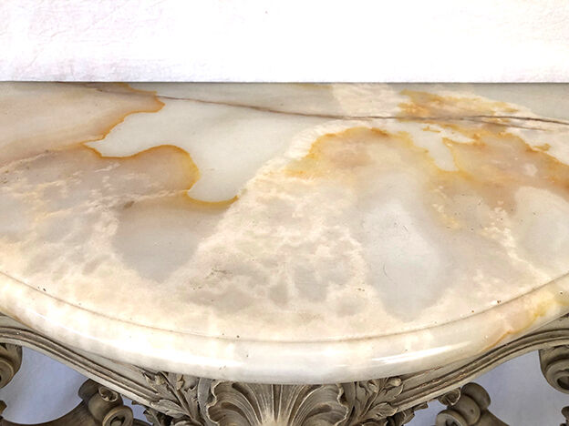 Louis XV style console in gray lacquered wood and marble top, nineteenth