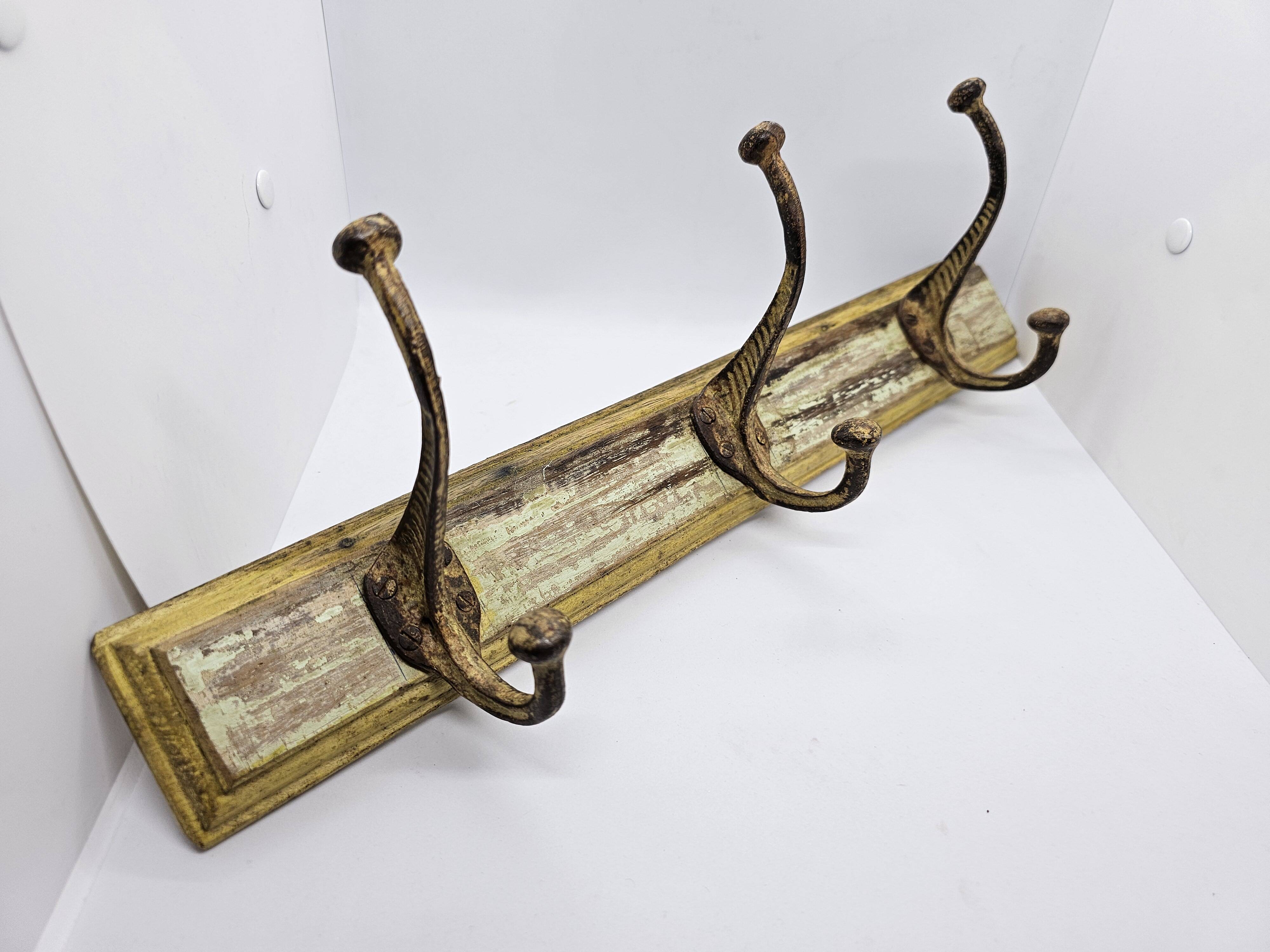 Solid teak coat hook with 3 double cast iron hooks