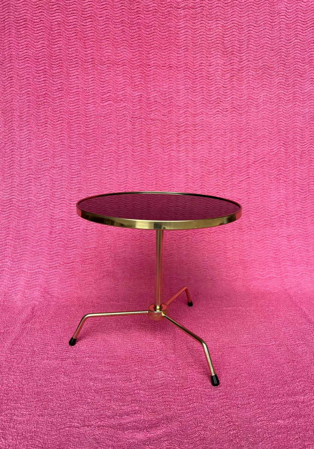 Gueridon/table d’appoint/table a cafe tripode metal dore et plateau ve
