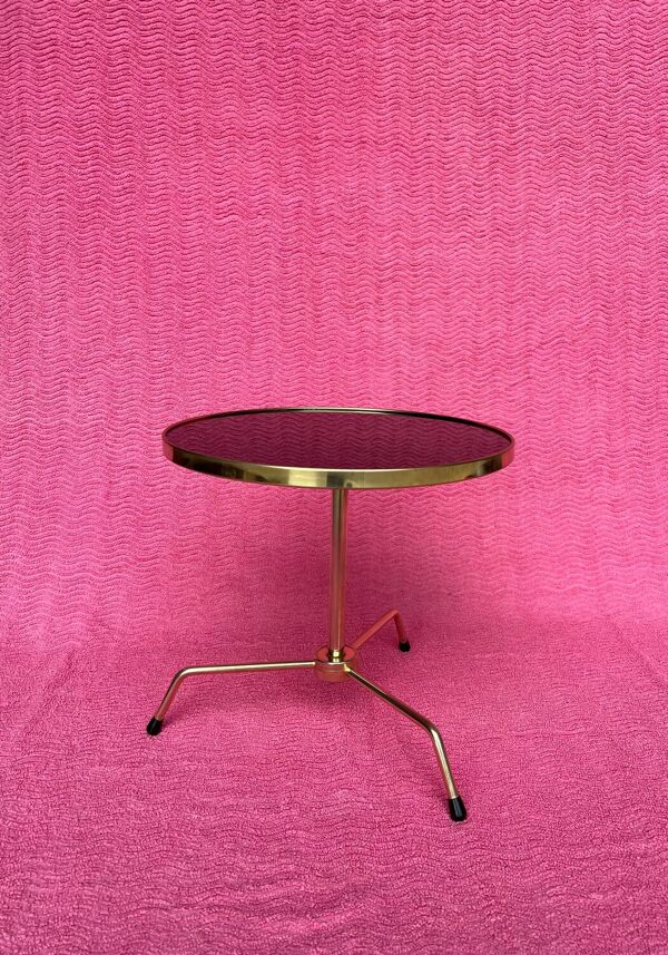 Gueridon/table d’appoint/table a cafe tripode metal dore et plateau ve