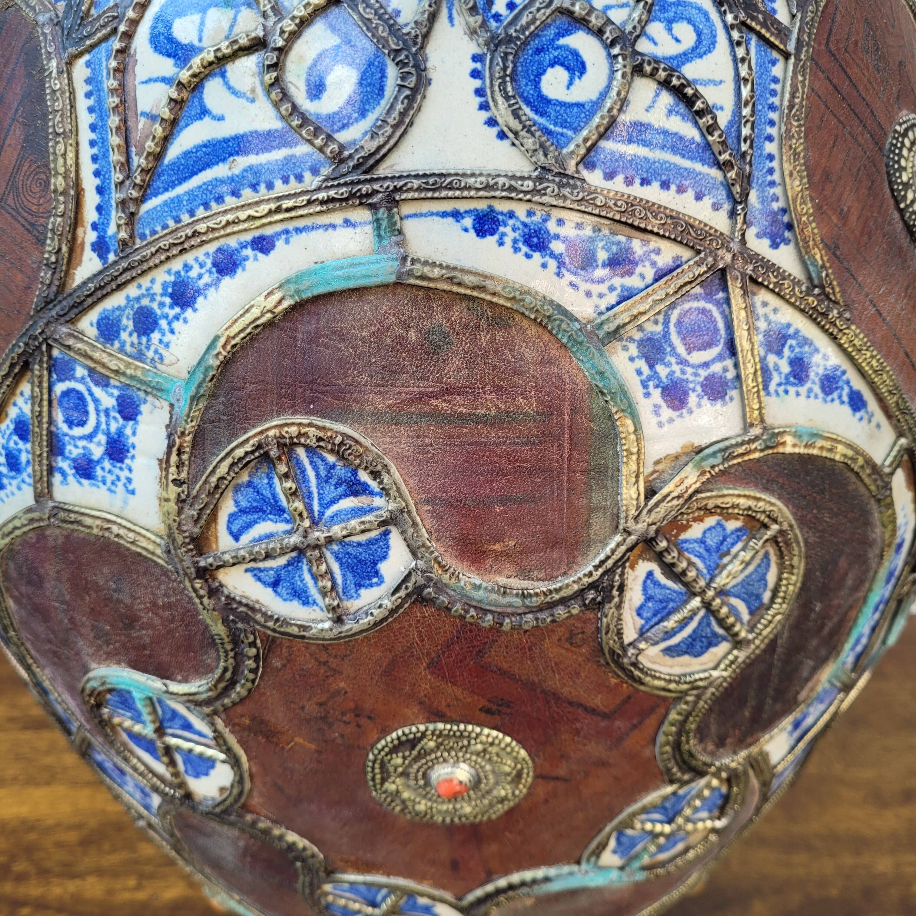 Filigree vase, ceramic, leather, enamel and metal, 19th century - Safi, Morocco