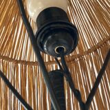 Wrought iron floor lamp with magazine holder and sisal shade, 1950s