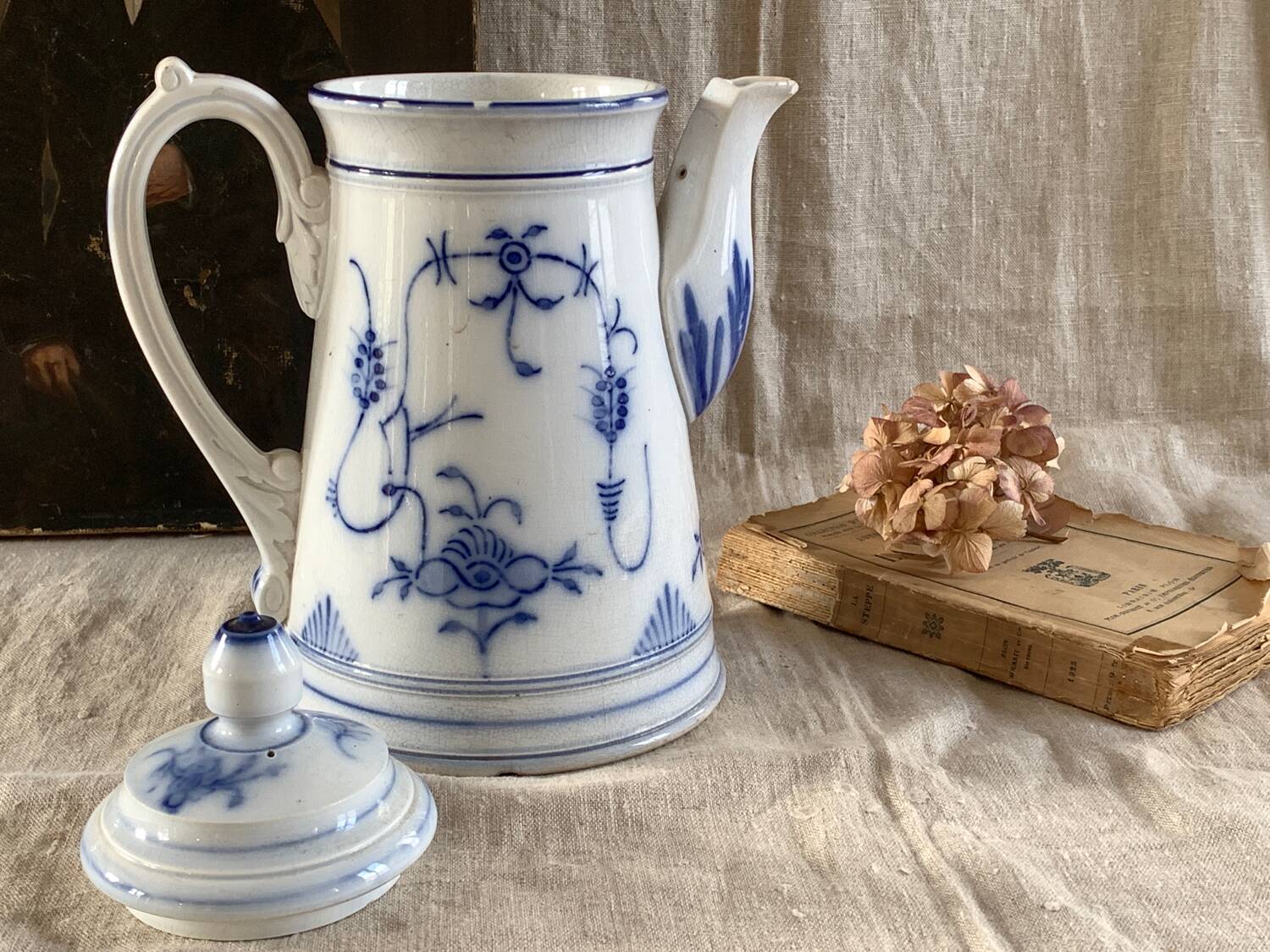 Sarreguemines 19th century white and blue coffee pot and pitcher
