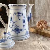 Sarreguemines 19th century white and blue coffee pot and pitcher
